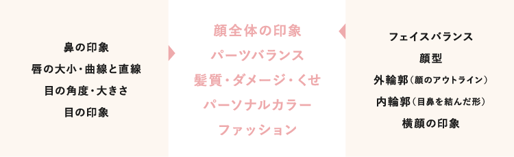 顔全体の印象,パーツバランス,髪質・ダメージ・くせ,パーソナルカラー,ファッション